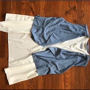 Blue/white cardigan.